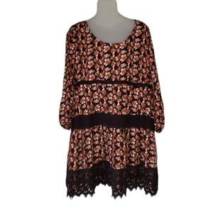 NWT ENTRO Dress Brown -Orange White & Green Fall Leaves Size Large Midi